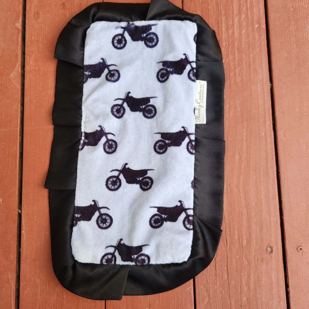 MINKY COUTURE Baby Burp Cloth Security Blanket Black Motorcycle Print Ruffle - Picture 4 of 10
